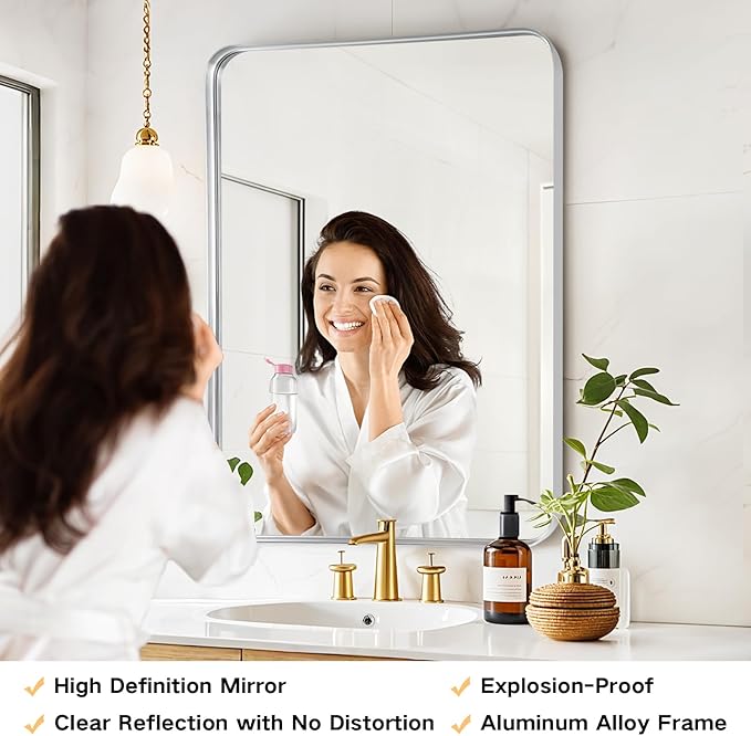 Bathroom Mirror Wall - 30x36 Inch Silver Framed Rectangular Mirror for Bathroom Over Sink, Brushed Metal Frame Mirror for Restroom, Entryway
