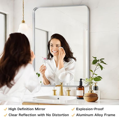 Bathroom Mirror Wall - 30x36 Inch Silver Framed Rectangular Mirror for Bathroom Over Sink, Brushed Metal Frame Mirror for Restroom, Entryway