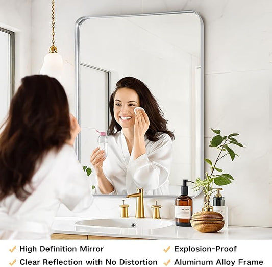 Bathroom Mirror Wall - 30x36 Inch Silver Framed Rectangular Mirror for Bathroom Over Sink, Brushed Metal Frame Mirror for Restroom, Entryway