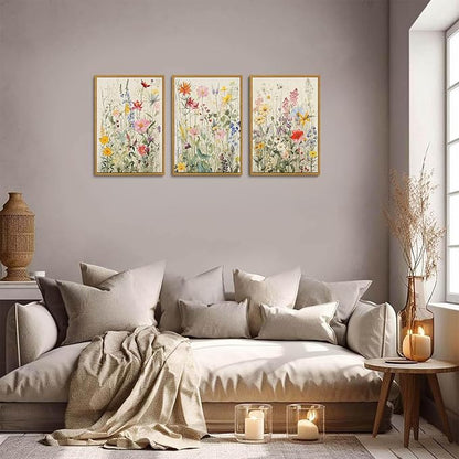 KISSFOX 3 Piece Watercolor Wildflower Botanical Framed Wall Art Colorful Floral Canvas Art Prints Boho Flower Pictures Wall Decor Modern Minimalism Paintings Artwork Girls Bedroom Living Room Bathroom