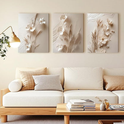 GELDSTEI Neutral Beige Floral Canvas Wall Art, Modern Minimalist Texture Botanical Wall Decor, Vintage Beige Flower Poster Prints for Living Room Bedroom Farmhouse Framed Set of 3, Each 16x24 Inch