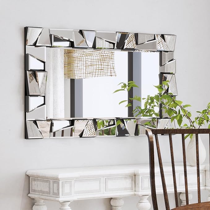 Chende Large Living Room Mirror for Decor, 44'' x 24'' Modern Decorative Wall Mirrors with Uneven Glass Frame, Rectangle Elegant Mirror with Glass Beveled Edge for Entryway, Dining Room, Bedroom