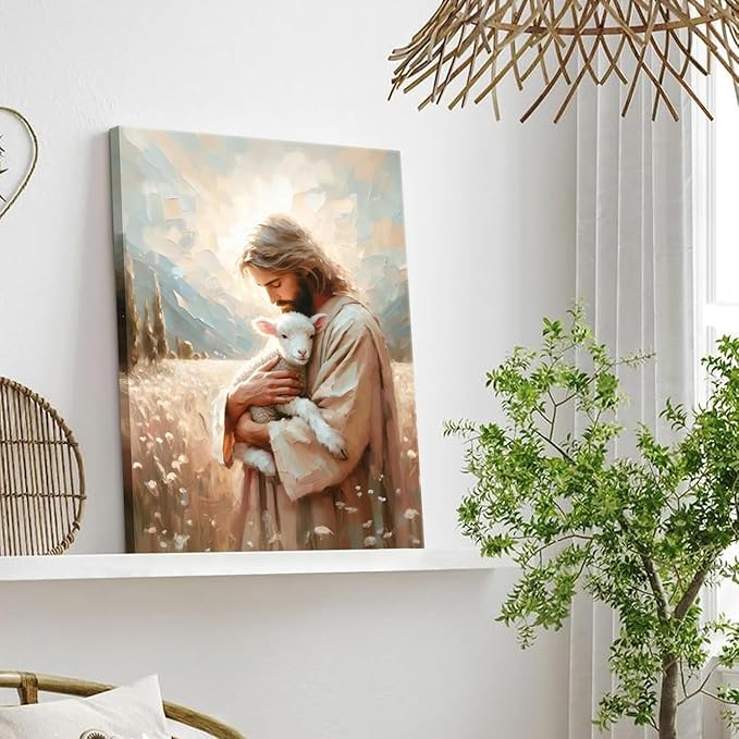 Jesus and Lamb Canvas Wall Art Christian Jesus the Good Shepherd Painting picture Wall Decor religion Bible Stories Poster print Artwork for Church LDS bedroom Living Home Decor 8x10in Canvas