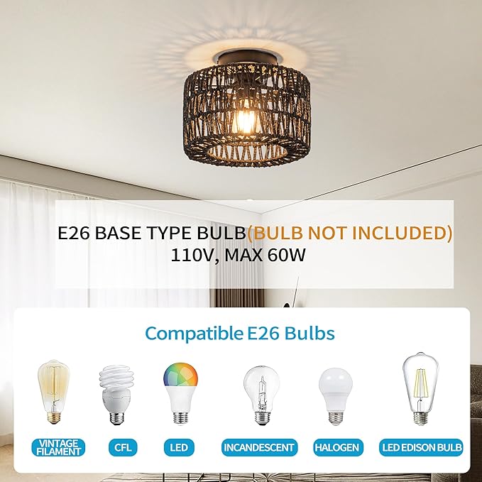 Rpzloila Rattan Ceiling Light, 1 Light Farmhouse Woven Flush Mount Ceiling Light, Boho Light Fixture for Bedroom Living Room Hallway Entryway, Black Finish