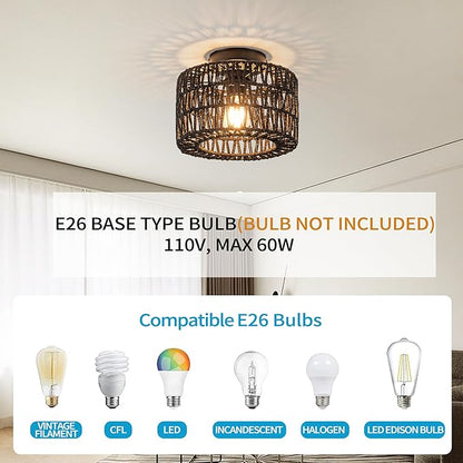 Rpzloila Rattan Ceiling Light, 1 Light Farmhouse Woven Flush Mount Ceiling Light, Boho Light Fixture for Bedroom Living Room Hallway Entryway, Black Finish