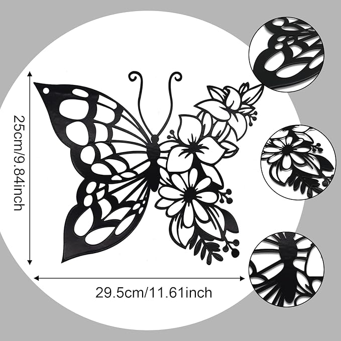 EZ4ENCE Butterfly Decoration Wall Art, Metal Hanging, Wall Home Decor, Boho, Nature Themed, Bohemian Style, for Bedroom Living Room Home Wall, Black, Large