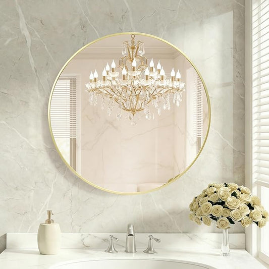 DUMOS 24 Inch Round Wall Mirror, Bathroom Mirror with Metal Frame, HD Reflection Shatterproof Glass Vanity Mirror, Decor for Bathroom Vanity Bedroom Entryway, Glod