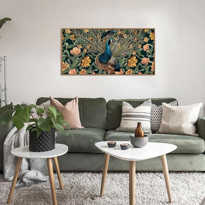HLNIUC Boho Peacock Flower Framed Canvas Wall Art,Vintage Green Gold Floral Horizontal Wall Decor,Retro Animal Feather Artwork(40x20),Large Modern Botanical Prints for Living Room,Bedroom,Office