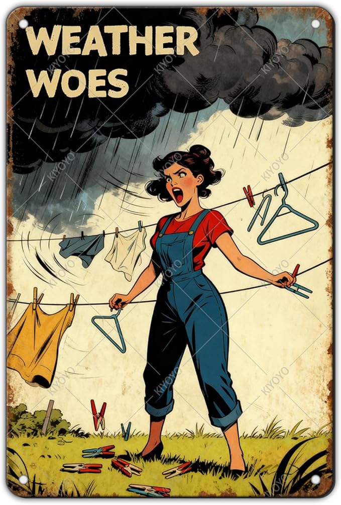 Weather Woes Laundry Tin Sign Vintage Metal Plaque Funny Sarcastic Retro Housewife Design Laundry Room Wall Art Kitchen Home Decor Rustic Farmhouse Gift 12x8 Inch