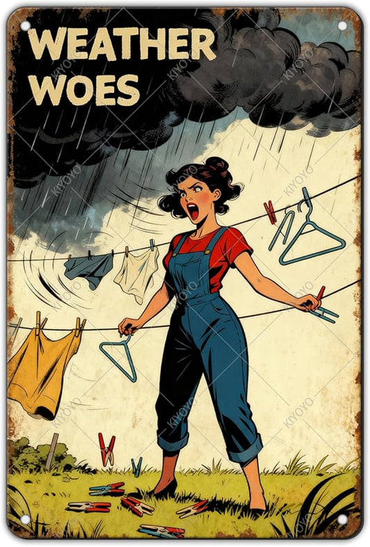Weather Woes Laundry Tin Sign Vintage Metal Plaque Funny Sarcastic Retro Housewife Design Laundry Room Wall Art Kitchen Home Decor Rustic Farmhouse Gift 12x8 Inch