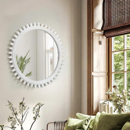 ULIKE Round Wood Mirror, 30 Inch Rustic Farmhouse Circle Mirror with Wooden Frame, Modern Wall Decor for Bathroom Nursery Bedroom Living Room Entryway, White