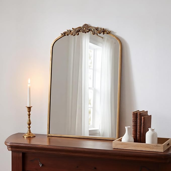 PERFNIQUE Vintage Mirror, 35" X 24" Arched Antique Baroque Wall Mirror, Gold Traditional Wall Decor, Ornate Decor Anthro Look Alike Furniture for Bathroom Living Room Fireplace Entryway Hallway