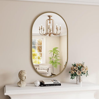 Champagne Bronze Bathroom Mirror, 24x36 Inch Vintage Gold Beaded Oval Mirrors, Antique Brass Decorative Mirror for Living Room, Bedroom, Entryway, Fireplace