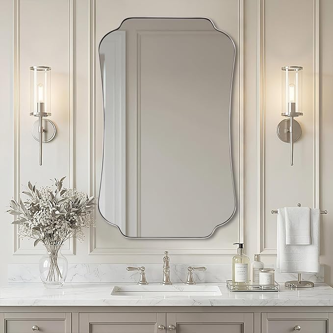 ANDY STAR 30x48 Brushed Nickel Mirror, Large Silver Scalloped Bathroom Wall Mirror with Metal Frame for Vanity, Vintage Scalloped Edge Design with Anti-Rust SUS Frame