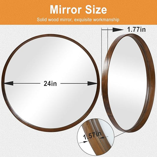 Brown Wood Round Mirror, 24 Inch - Perfect for Bathroom or Nursery Wall Decor
