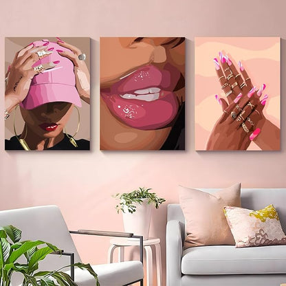 Hianan Fashion Black Girl Canvas Wall Art Modern Trendy African American Black Woman Poster Prints Pink Abstract Black Girl Aesthetic Pictures for Living Room Framed Ready to Hang 12"x16"x3