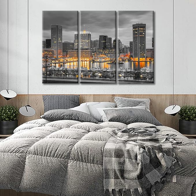 TUMOVO Baltimore City Skyline Canvas Wall Art 3 Panel American Cityscape Pictures Black and White Wall Art Beautiful Cityscape Modern Artwork Wall Decor Framed Ready to Hang (60" Wx40 H)