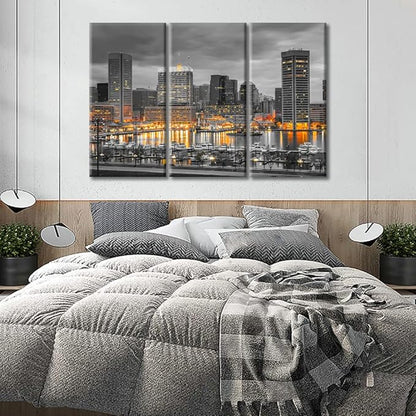 TUMOVO Baltimore City Skyline Canvas Wall Art 3 Panel American Cityscape Pictures Black and White Wall Art Beautiful Cityscape Modern Artwork Wall Decor Framed Ready to Hang (60" Wx40 H)