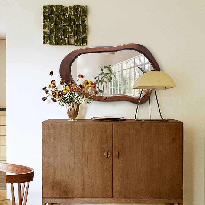 Irregular Wall Mirror 40"x24", Walnut Asymmetrical Mirror, Wood Bathroom Mirrors Wall Mounted, Wall Mirrors Decorative for Living Room, Bedroom, Bathroom, Hallway, Entryway