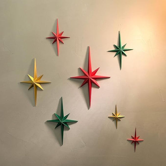 MidModArt 7PCS Mid Century Modern 3D Star Wall Art Gold Retro Starburst Sculptures Vintage Celestial Home Decor, Colored Starburst