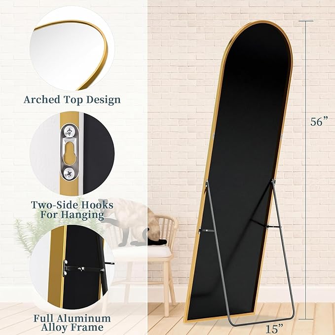 Full Length Mirror with Stand, 56"x15" Arched Full Body Mirror, Large Stand Up Aluminum Frame Floor Freestanding Hanging Leaning Mounted for Bedroom Living Room Entryway Gold