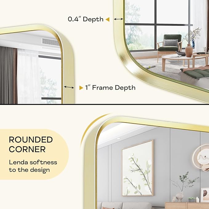 Wall Mount Mirror for Bathroom, Brushed Gold Metal Framed Rounded Corner Rectangular Vanity Mirror, Tempered Glass, Anti-Rust, Hangs Horizontally or Vertically (30" x 40", Gold)