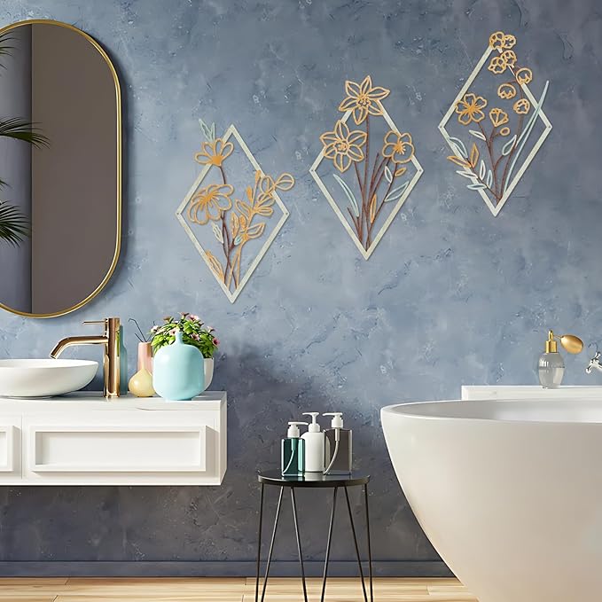 ShxTrade 3 Pcs Metal Flowers Wall Arts, Rustic Farmhouse Decor Minimalist Flower Wall Decors Natural Themed Home Decorations for Bathroom Kitchen Living Room Bedroom (Yellow)