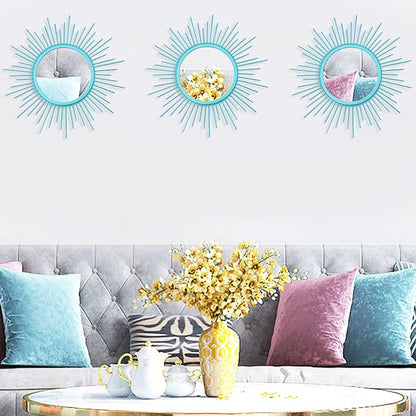 3 Pack Metal Mirrors for Wall Sunburst Wall Mirrors Home Décor Decorative Hanging Wall Art for Living Room Bedroom Entryway (Greenish Blue, Sunburst)