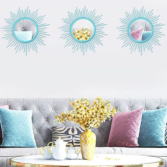 3 Pack Metal Mirrors for Wall Sunburst Wall Mirrors Home Décor Decorative Hanging Wall Art for Living Room Bedroom Entryway (Greenish Blue, Sunburst)