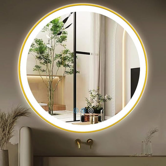 30 Inch Gold Bathroom Round LED Mirror with Lights Gold Frame Round Lighted Mirror for Bathroom Wall Round Vanity Lighted Mirrors 3 Color Dimmable Anti Fog Bathroom Circle Light up Smart Mirror