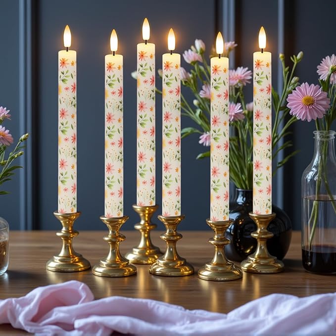 Flickering Flameless Taper Candles with Remote and Timer, 4 Pack Real Wax Battery Operated LED Taper Candles 3D Wick Yellow Flower Decal Dinner Wedding Spring Home Decor(0.75" D x 9.65" H)