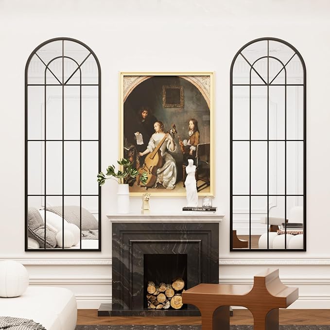 22"x 65" Arched Full Length Window Wall Mirror, Metal Framed, Arched-Top, Farmhouse Rustic Decorative Windowpane Mirror - Black