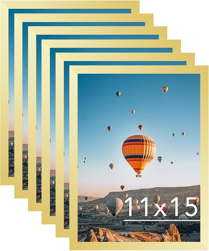 JCJMY 11x15 Gold Picture Frame Set of 6, Horizontal and Vertical Formats for Wall Hanging, 11 x 15 Wall Gallery Poster Photo Frames with Shatter Resistant Plexiglass, 6 Pack, Gold