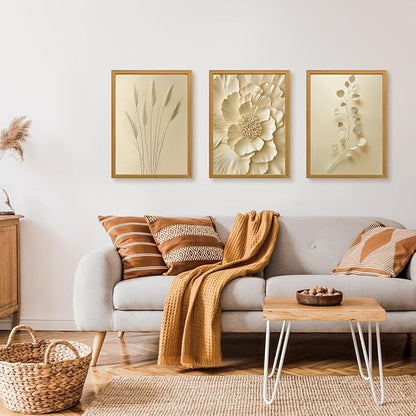 GELDSTEI Neutral Beige Floral Canvas Wall Art, Modern Minimalist Botanical Wall Decor, Vintage Beige Elegant Flower Poster Prints for Living Room Bedroom Wood Framed Set of 3, Each 12x16 Inch