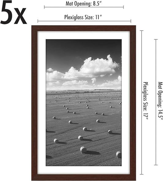 Americanflat 11x17 Picture Frame with Polished Plexiglass - Set of 5 - Use as 9x15 Frame with Mat or Display 11x17 Photo Without Mat - Galleria Collection - Picture Frames for Wall Display - Mahogany