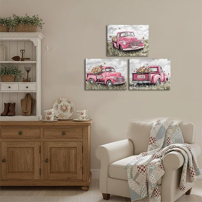sechars Truck Wall Art Canvas Vintage Farmhouse Decor Faith Hope Love Floral Painting Prints (Pink)