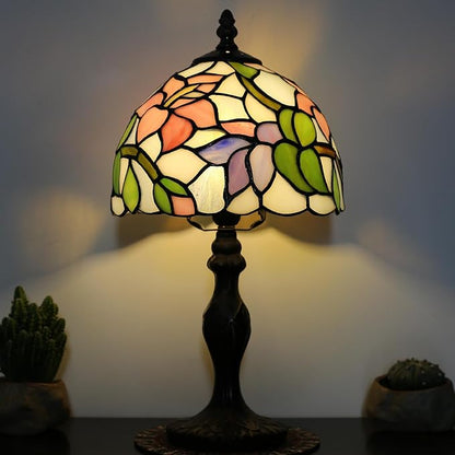 Tiffany Style Lamp Stained Glass Table Lamp 8 x 14.5” Pink Flower Design Mini Accent Lamp Small Decorative Bedside Memory Light