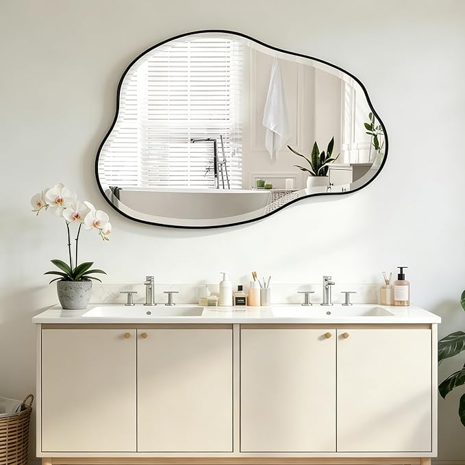 POZINO Irregular Beveled Mirror, 36"x24" Cloud Shaped Bathroom Mirrors with Metal Frame, Asymmetrical Wall Mirror for Vanity Living Room Bedroom Hallway Entryway, Horizontal or Vertical Hanging
