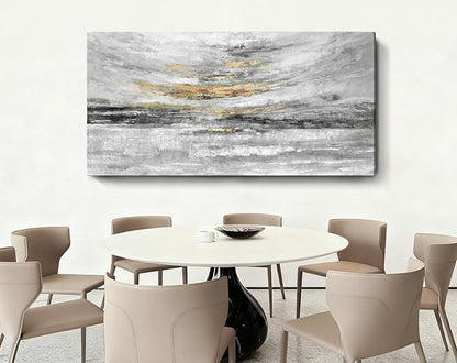 Nicetop 58x29" Modern Minimalist Black & White Abstract Coastal Wall Art with Metallic Gold Accents – Gallery Wrapped Abstract Ocean Waves & Clouds Canvas Art, Ready to Hang for Living Room Wall Decor, Bedroom Wall Art & Office Wall Decor