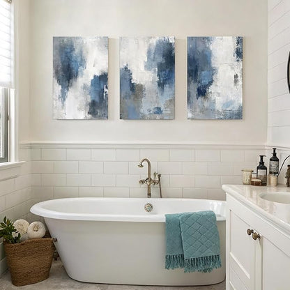 Zessonic Abstract Navy Blue Grey Framed Canvas Wall Art - Modern Minimalist Paintings Brush Stroke Artwork for Home Decor, Living Room Bedroom Office - 16x24 Inch Set of 3
