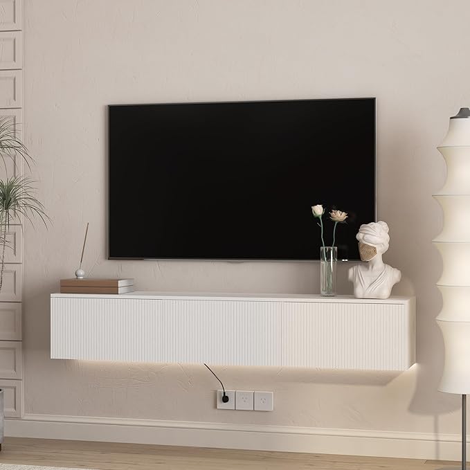 KEIKI 65" Floating TV Stand Wall Mounted with 16 Color LEDs & Power Outlets for TVs Up to 70 Inch, Wooden Media Console Entertainment Center Television Table Cabinet for Living Room, Bedroom