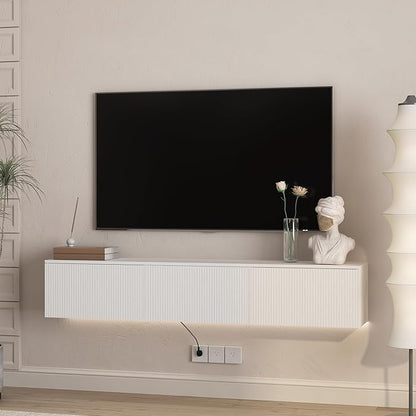 KEIKI 65" Floating TV Stand Wall Mounted with 16 Color LEDs & Power Outlets for TVs Up to 70 Inch, Wooden Media Console Entertainment Center Television Table Cabinet for Living Room, Bedroom