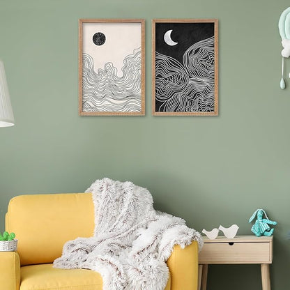 SRSZHIYUE Minimalist Black and White Sun Moon Abstract Sign Boho Wall Decor 24x16 Inch Small 2 Pieces Modern Artwork Painting Century for Bedroom Above Bed Living Room Wall Art HangIing(Wood)