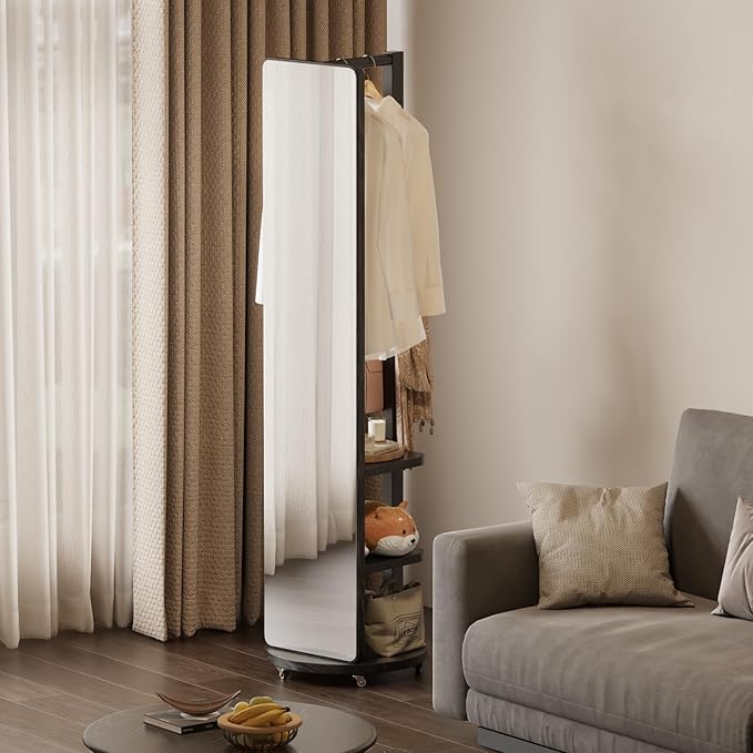WoodsWhisper Full Length Mirror Coat Rack Solid Wood Floor Mirror 66"x12" Full Length Mirror with Stand Long Mirrors for Bedroom,Living Room (Black-Mobile, 66" Lx12 W)