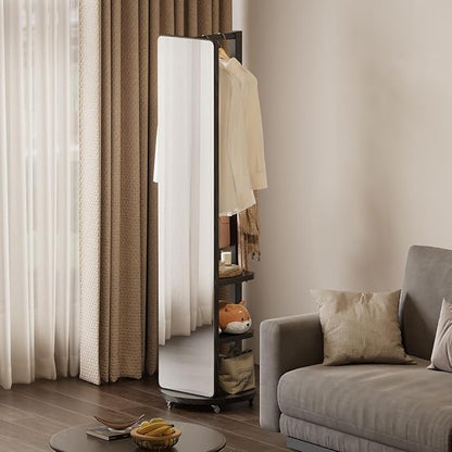 WoodsWhisper Full Length Mirror Coat Rack Solid Wood Floor Mirror 66"x12" Full Length Mirror with Stand Long Mirrors for Bedroom,Living Room (Black-Mobile, 66" Lx12 W)