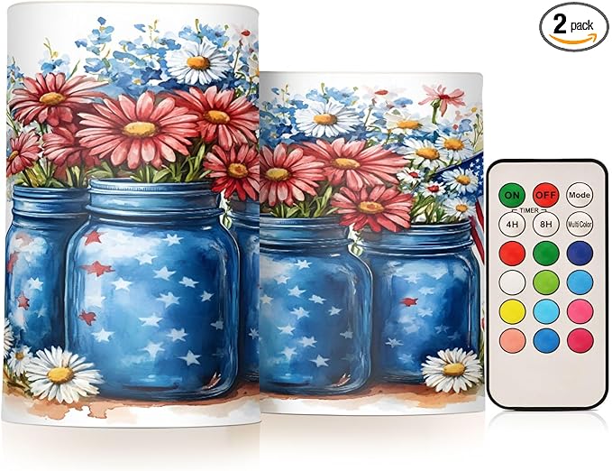 Patriotic Red Blue Flowers Vase American Flag5 Flickering Flameless Candles Battery Operated with Remote Timer,Tea Light Candles LED Pillar Votive Candles set of 2 for Outdoor Indoor Decorations