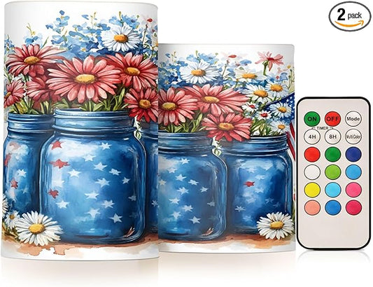 Patriotic Red Blue Flowers Vase American Flag5 Flickering Flameless Candles Battery Operated with Remote Timer,Tea Light Candles LED Pillar Votive Candles set of 2 for Outdoor Indoor Decorations