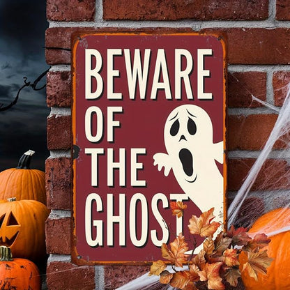 Beware of the Ghost Halloween Metal Tin Sign Vintage Rustic Wall Decor for Halloween Parties Haunted Houses Man Caves and Entryways Decorative Signs Metal Poster 8x12 Inch