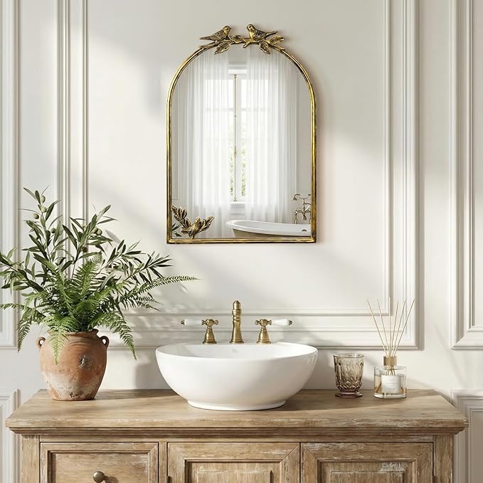 Antique Baroque Vintage Vanity Mirror 22x15Inch, Gold with Ornate Antique Frame, Arched Vintage Wall Mirror for Living Room, Fireplace, Entryway