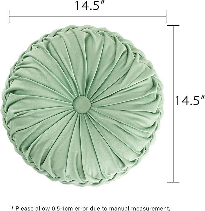 HIG Set of 2 Decorative Round Pleated Throw Pillows, Classy Accent Pumpkin Throw Pillows with Center Button, Vintage Velvet Floor Pillows for Sofa Vanity Chair Bed, Sage, 14.5" Diameter(Ripple)